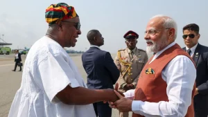 Prime Minister Narendra Modi welcomed in Ghana with Hare Rama Hare Krishna chants and traditional ceremony